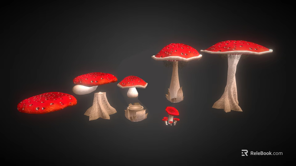 Vibrant Red And White Mushrooms Featuring Various Sizes Unique Caps And Textured Stems 3d model 