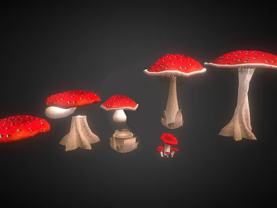 Vibrant Red And White Mushrooms Featuring Various Sizes Unique Caps And Textured Stems 3d model