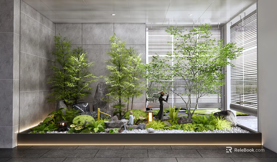 Natural Indoor Landscape with Lush Trees Green Plants Rock Water Feature and Lighting 3d model 