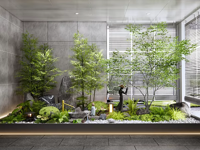 Natural Indoor Landscape with Lush Trees Green Plants Rock Water Feature and Lighting 3d model