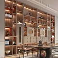 Modern Tea Room Interior With Wooden Bookshelves Tea Sets Pendant Lights And Large Windows