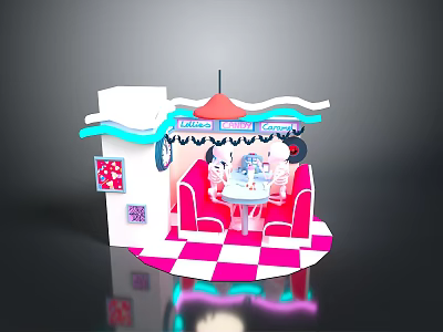 Scenic Pink White Outdoor Café Spot With Parasol Neon Signs And Checkered Floor 3d model