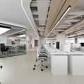 Modern Open Plan Office with White Desks Wooden Ceiling Computers Office Chairs and Large Windows