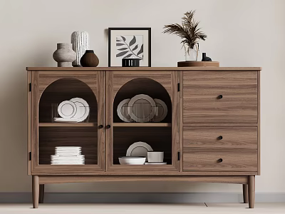 Wooden Sideboard With Arched Glass Doors Drawers Plates Bowls And Decorative Vase Plant On Top 3d model