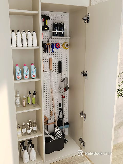 Organized Balcony Cabinet with Shelves for Cleaning Supplies and Pegboard Tools 3d model 