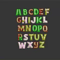 Green 3D Alphabet Letters Decorative Ornament Set Arranged with Shiny Finish on Dark Background