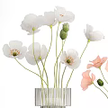 Silver Square Stacked Vases with White Pink Orange Flowers and Foreground Pink Poppies
