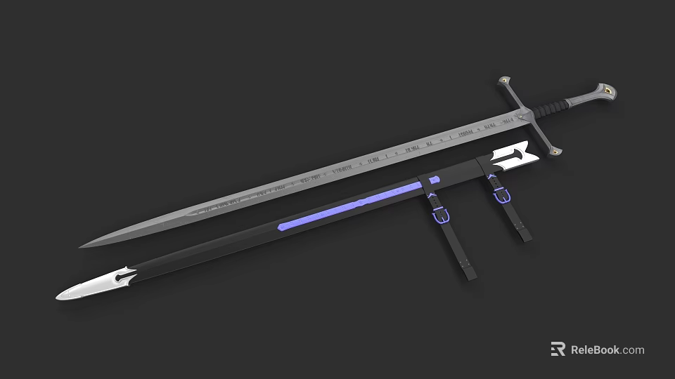 Medieval Long Sword With Metallic Blade Black Scabbard And Purple Accents 3d model 