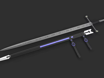 Medieval Long Sword With Metallic Blade Black Scabbard And Purple Accents 3d model