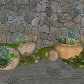 Succulent Plant Combinations In Terracotta Planters With Stone Wall Background And Green Foliage