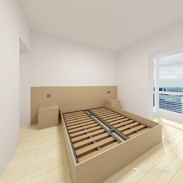 Wooden Frame Double Bed With Nightstands White Walls And Large Window View 3d model 
