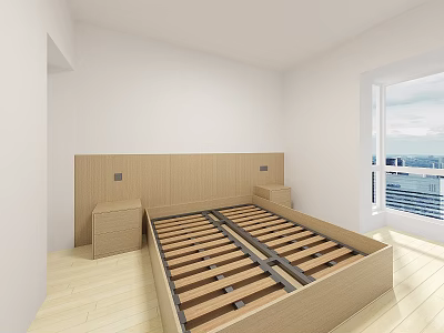 Wooden Frame Double Bed With Nightstands White Walls And Large Window View 3d model