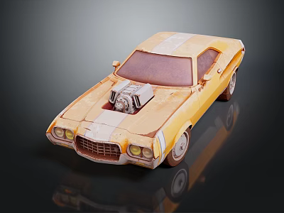 Yellow Old Classic Car With Open Hood Exposed Engine And White Stripes 3d model