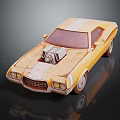 Yellow Old Classic Car With Open Hood Exposed Engine And White Stripes