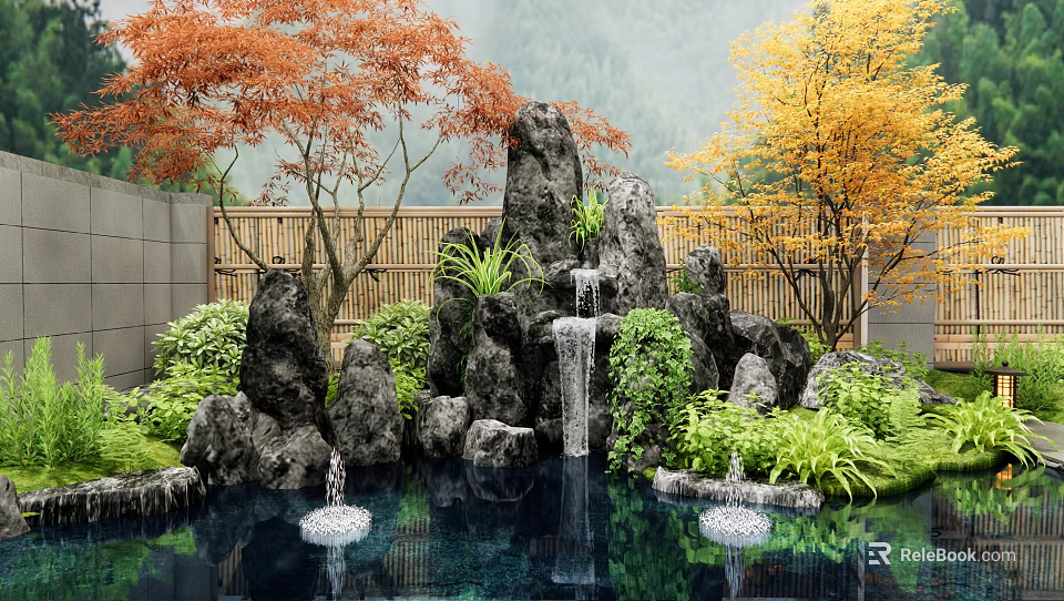 Natural Rockery Stones In Garden With Waterfall Pond Green Plants Bamboo Fence And Maple Trees 3d model 
