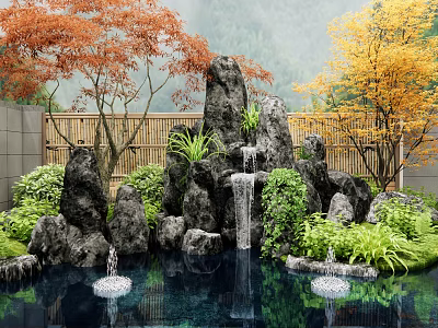 Natural Rockery Stones In Garden With Waterfall Pond Green Plants Bamboo Fence And Maple Trees 3d model