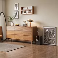 Modern Wooden Entryway Console Cabinet With Decorative Wall Shelf Green Plant And Table Lamp