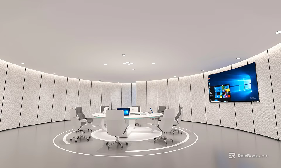 Modern Conference Room With Round Table White Chairs Laptops And Large Wall Screen 3d model