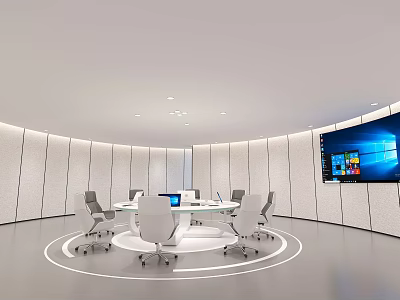 Modern Conference Room With Round Table White Chairs Laptops And Large Wall Screen 3d model
