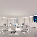 Modern Conference Room With Round Table White Chairs Laptops And Large Wall Screen 3d model