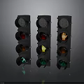 Three Traffic Lights With Red Yellow Green Lamps And Hand Symbol Indicators