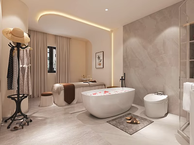 Luxury SPA Sauna Interior With White Bathtub Marble Walls And Soft Lighting 3d model