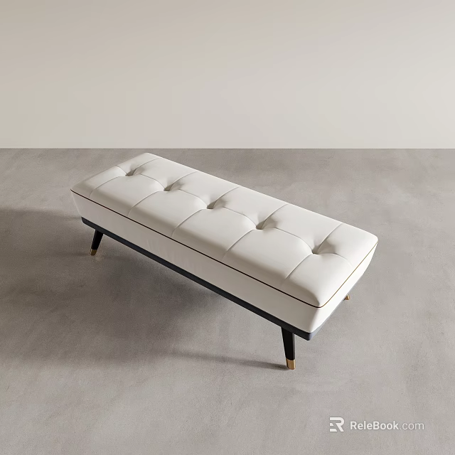 White Tufted Modern Minimalist Bench with Black Frame and Golden Legs 3d model 