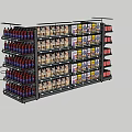 Retail Display Shelving Featuring Multiple Layers Holding Bottled Drinks Boxed Products And Red Packages