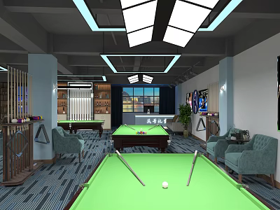 Modern Billiard Room Interior Design With Green Felt Tables Comfortable Chairs And Lighting 3d model