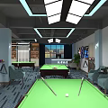 Modern Billiard Room Interior Design With Green Felt Tables Comfortable Chairs And Lighting