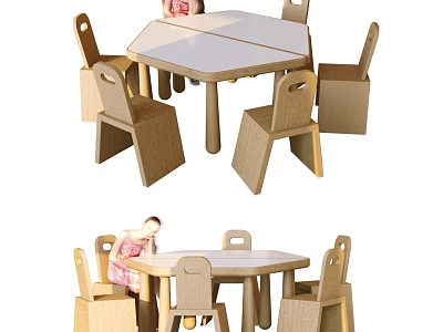 Kindergarten Wooden Tables And Chairs In Kids Play Activity Area 3d model