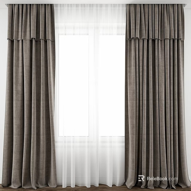 Elegant Gray Pleated Curtains With White Sheer Lining For Window Decoration 3d model 