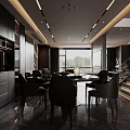 Modern Luxury Living Dining Room With Black Sofa Marble Floor Coffee Table And Wall Art