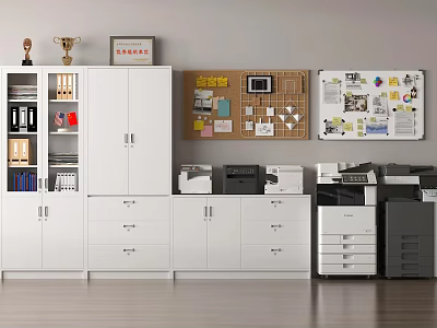 White Office Bookshelf in Organized Workspace with Drawers Trophies Bulletin Boards and Printers 3d model