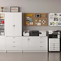 White Office Bookshelf in Organized Workspace with Drawers Trophies Bulletin Boards and Printers