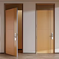 Two Wooden Swing Doors One Open and One Closed with Metal Handles in Light Room