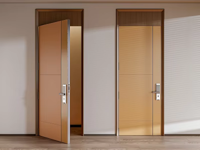 Two Wooden Swing Doors One Open and One Closed with Metal Handles in Light Room 3d model