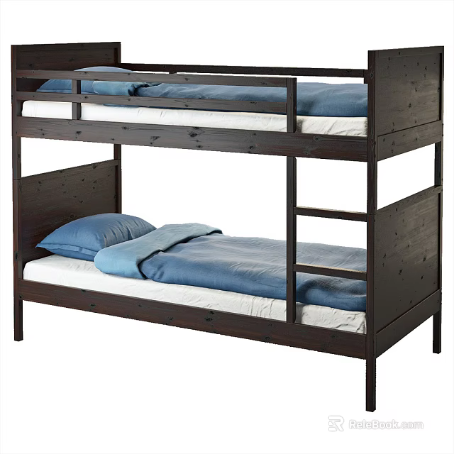 Dark Wood Bunk Bed Design With Ladder White Mattress And Blue Bedding 3d model 