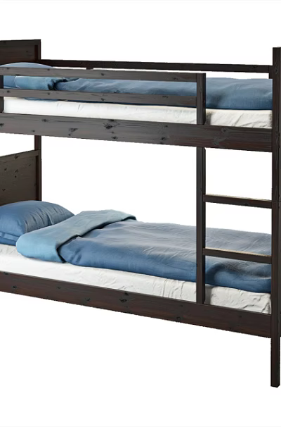 Dark Wood Bunk Bed Design With Ladder White Mattress And Blue Bedding 3d model