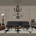 Classic Living Room Interior With Decorative Walls Chandelier Leather Sofa And Geometric Rug