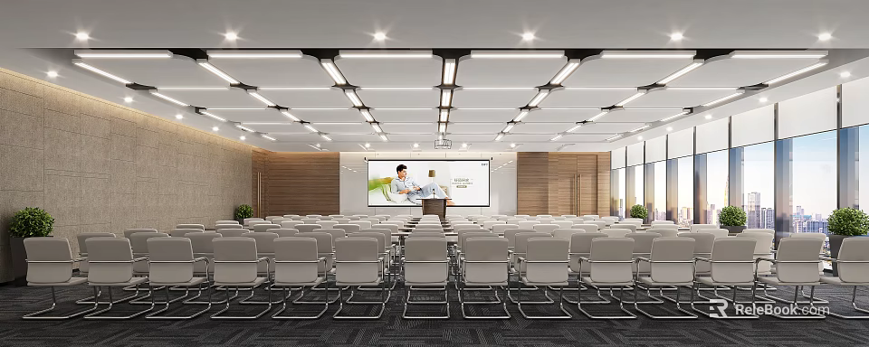 Modern Conference Room With Large Projection Screen Podium White Chairs Wooden Walls And Ceiling Lights 3d model 
