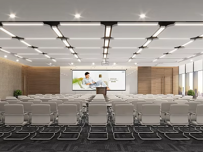 Modern Conference Room With Large Projection Screen Podium White Chairs Wooden Walls And Ceiling Lights 3d model