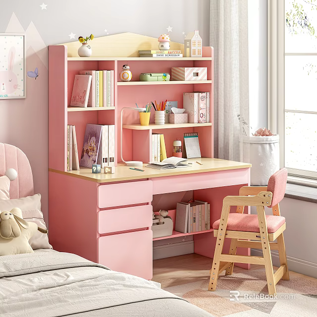 Pink Kids Desk With Books Stationery Decorations And Wooden Chair By Window 3d model 