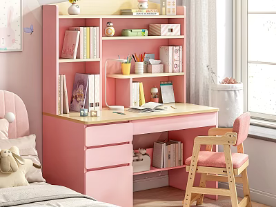 Pink Kids Desk With Books Stationery Decorations And Wooden Chair By Window 3d model