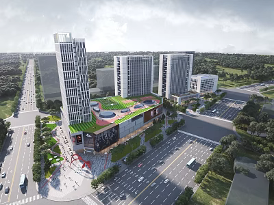 Aerial Planning Of Urban Development With High-Rise Buildings Commercial Zone Green Space And Road Network 3d model