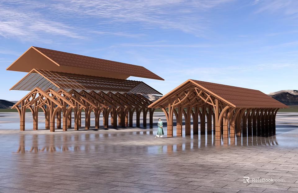 Modern Wooden Pavilion With Multiple Roofs Arch Design And Open Plaza Ground 3d model 