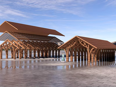 Modern Wooden Pavilion With Multiple Roofs Arch Design And Open Plaza Ground 3d model