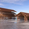 Modern Wooden Pavilion With Multiple Roofs Arch Design And Open Plaza Ground