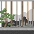 Garden Ornament With Pine Tree Rockery And Vertical Slat Screen Design 3d model