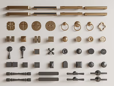 Various Metal Cabinet Handles and Knobs in Gold Black Silver and Bronze Finishes 3d model